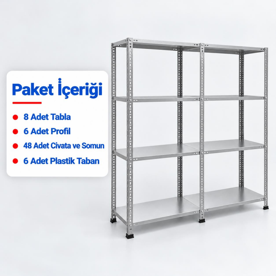 4 Katlı Duble Galvaniz Çelik Raf - Depo, Arşiv, Kiler, Dosya, Market Rafı