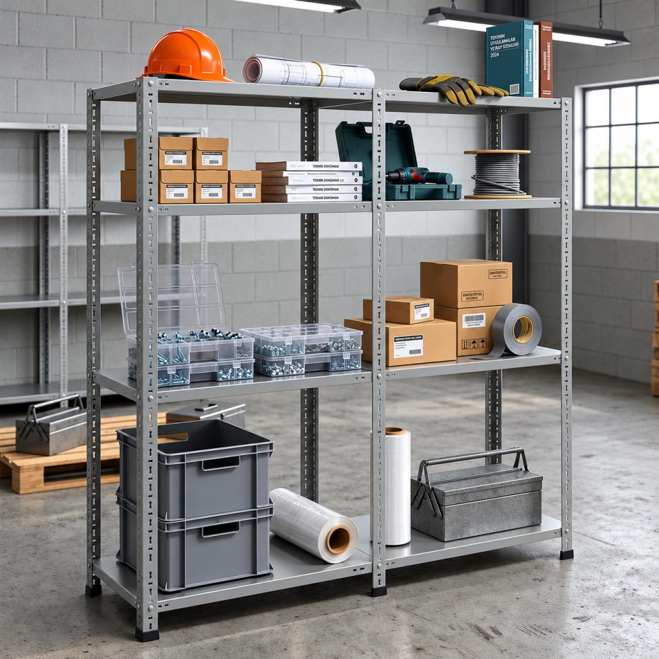 4 Katlı Duble Galvaniz Çelik Raf - Depo, Arşiv, Kiler, Dosya, Market Rafı