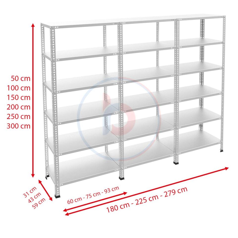 6 Katlı 3'lü Galvaniz Çelik Raf - Depo, Arşiv, Kiler, Dosya, Market Rafı