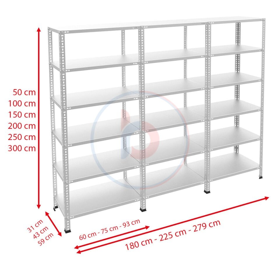 6 Katlı 3'lü Bitişik Galvaniz Çelik Raf - Depo, Arşiv, Kiler, Dosya, Market, Bakkal Rafı