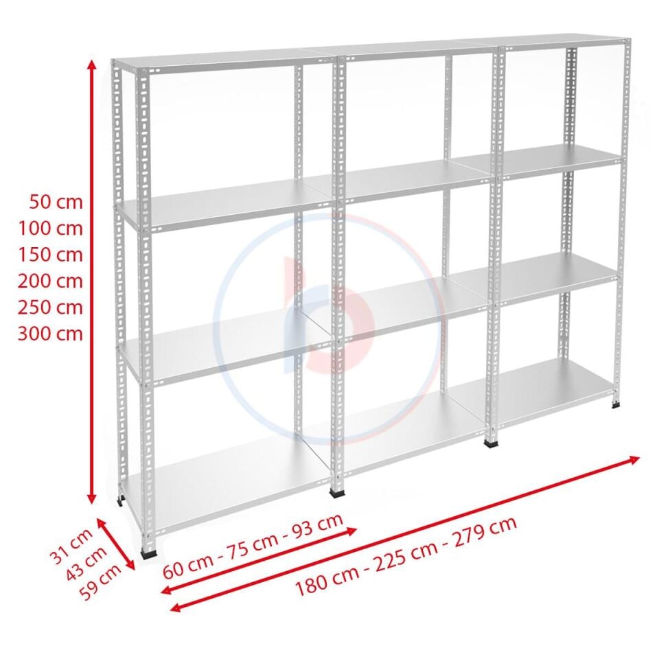 4 Katlı 3'lü Galvaniz Çelik Raf - Depo, Arşiv, Kiler, Dosya, Market Rafı