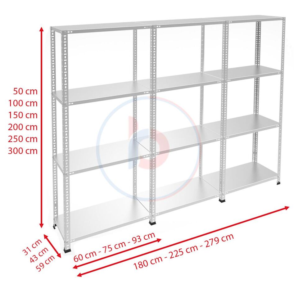 4 Katlı 3'lü Galvaniz Çelik Raf - Depo, Arşiv, Kiler, Dosya, Market Rafı