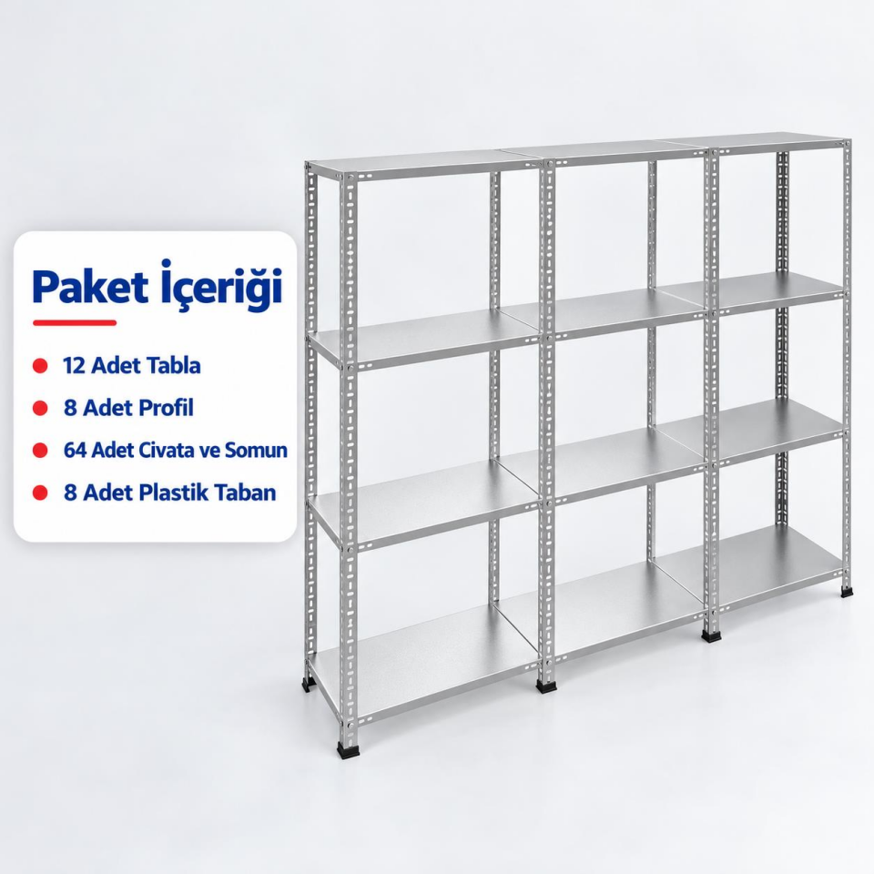 4 Katlı 3'lü Galvaniz Çelik Raf - Depo, Arşiv, Kiler, Dosya, Market Rafı