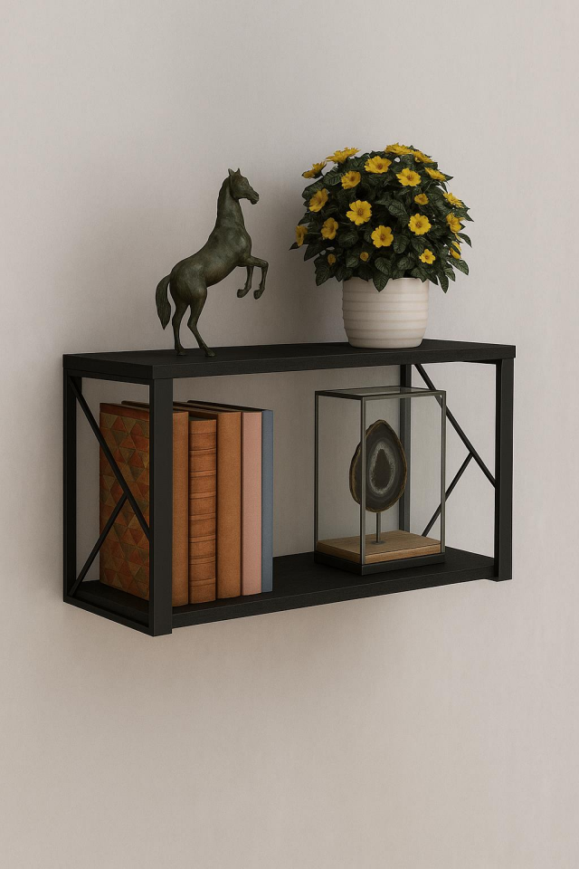 Dekoratif Siyah Ahşap Raf - 2 Katlı C Raf, Ahşap Duvar Rafı - 20x60 cm