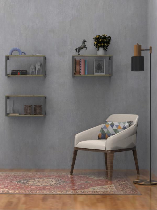 Dekoratif Siyah Ahşap Raf - 2 Katlı C Raf, Ahşap Duvar Rafı - 20x60 cm