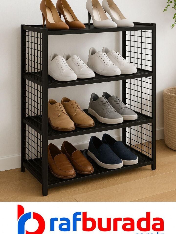 4 Katlı Çelik Siyah Renkli Ayakkabılık Rafı 31x75x75 cm