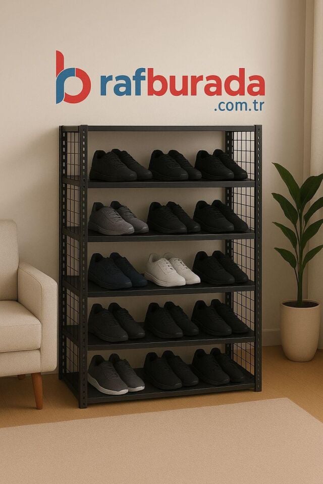 6 Katlı Siyah Renkli Çelik Ayakkabılık Rafı 31x75x150 cm