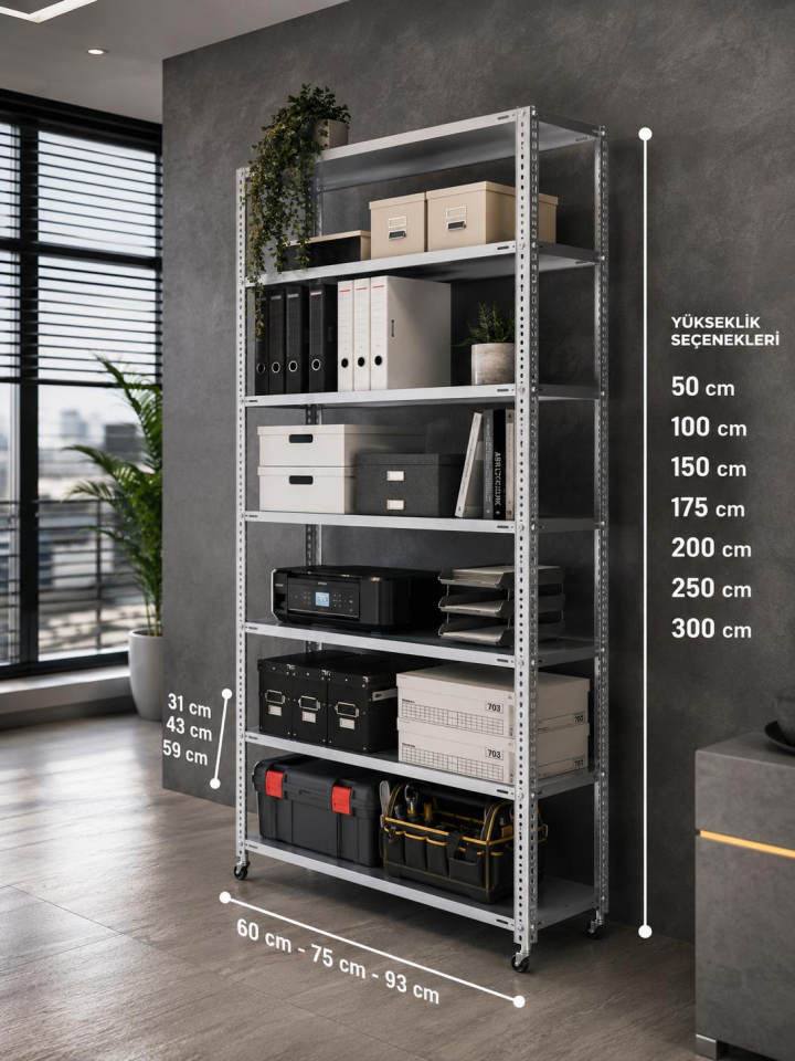 6 Katlı Tekerlekli Galvaniz Çelik Raf - Depo, Arşiv, Kiler, Dosya, Market Rafı