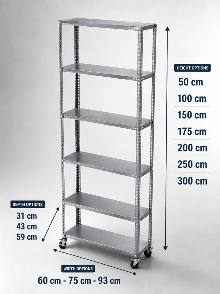 6 Katlı Tekerlekli Galvaniz Çelik Raf - Depo, Arşiv, Kiler, Dosya, Market Rafı
