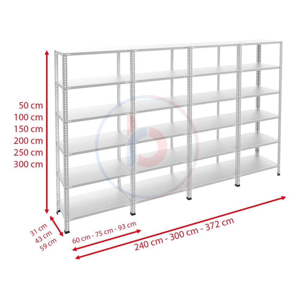 6 Katlı 4'lü Bitişik Galvaniz Çelik Raf - Depo, Arşiv, Kiler, Dosya, Market Rafı, Civatalı Raf Sistemi