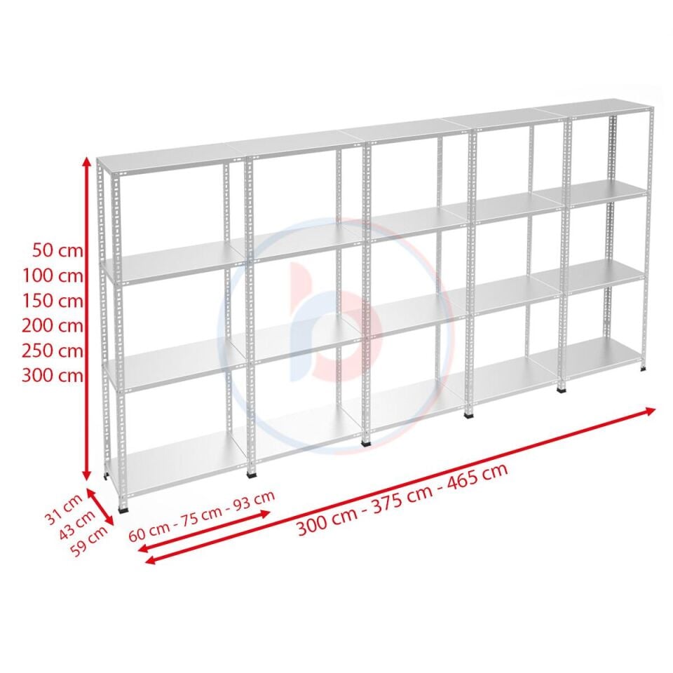 4 katlı 5'li Bitişik Galvaniz Çelik Raf - Depo, Arşiv, Kiler, Dosya, Market Rafı, Civatalı Raf Sistemi