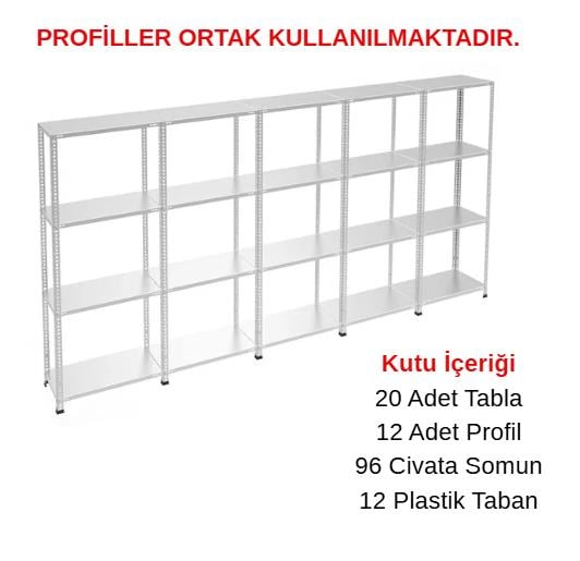 4 Katlı 5'li Galvaniz Çelik Raf - Depo, Arşiv, Kiler, Dosya, Market Rafı