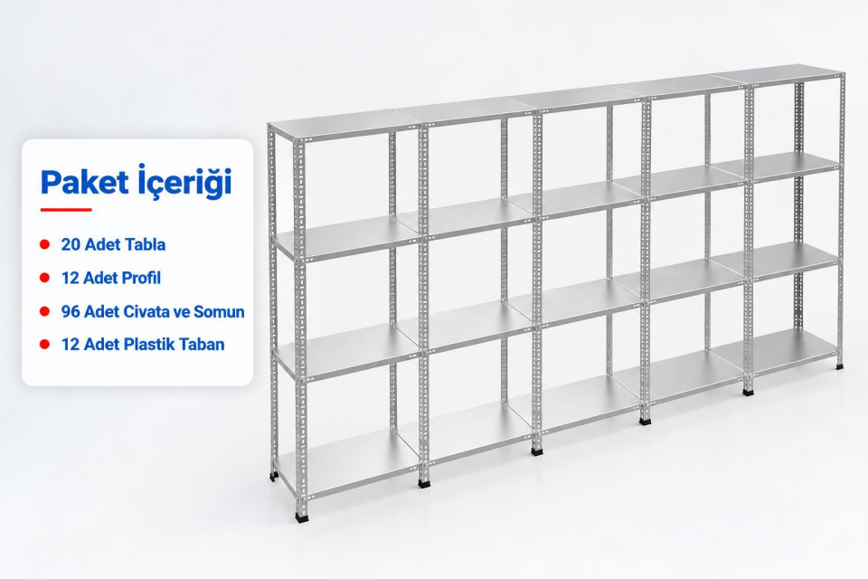 4 Katlı 5'li Galvaniz Çelik Raf - Depo, Arşiv, Kiler, Dosya, Market Rafı
