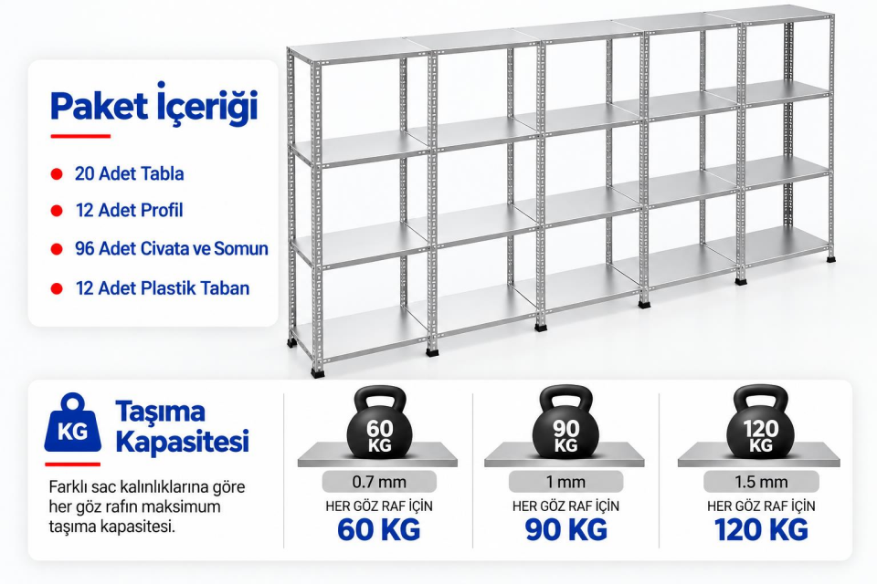 4 Katlı 5'li Galvaniz Çelik Raf - Depo, Arşiv, Kiler, Dosya, Market Rafı