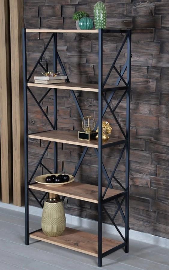 5 Katlı Kitaplık - Metal Ayaklı Ahşap Kitaplık, Dekoratif Raf Meşe