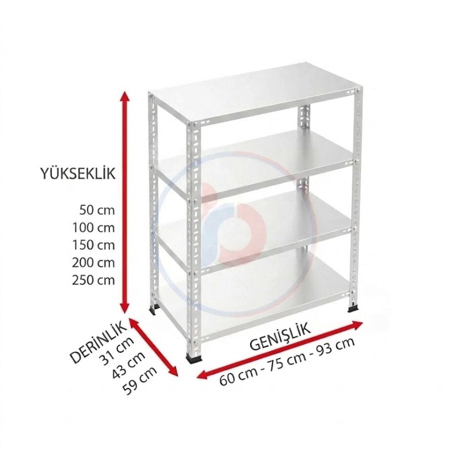 4 Katlı Galvaniz Çelik Raf - Depo, Arşiv, Kiler, Dosya, Market Rafı